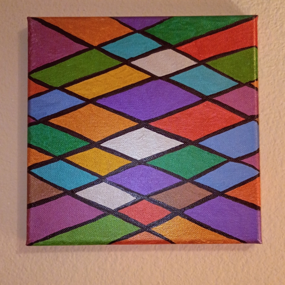 Handpainted Metallic Geometric Abstract Art Wall Decor Signed 8x8"